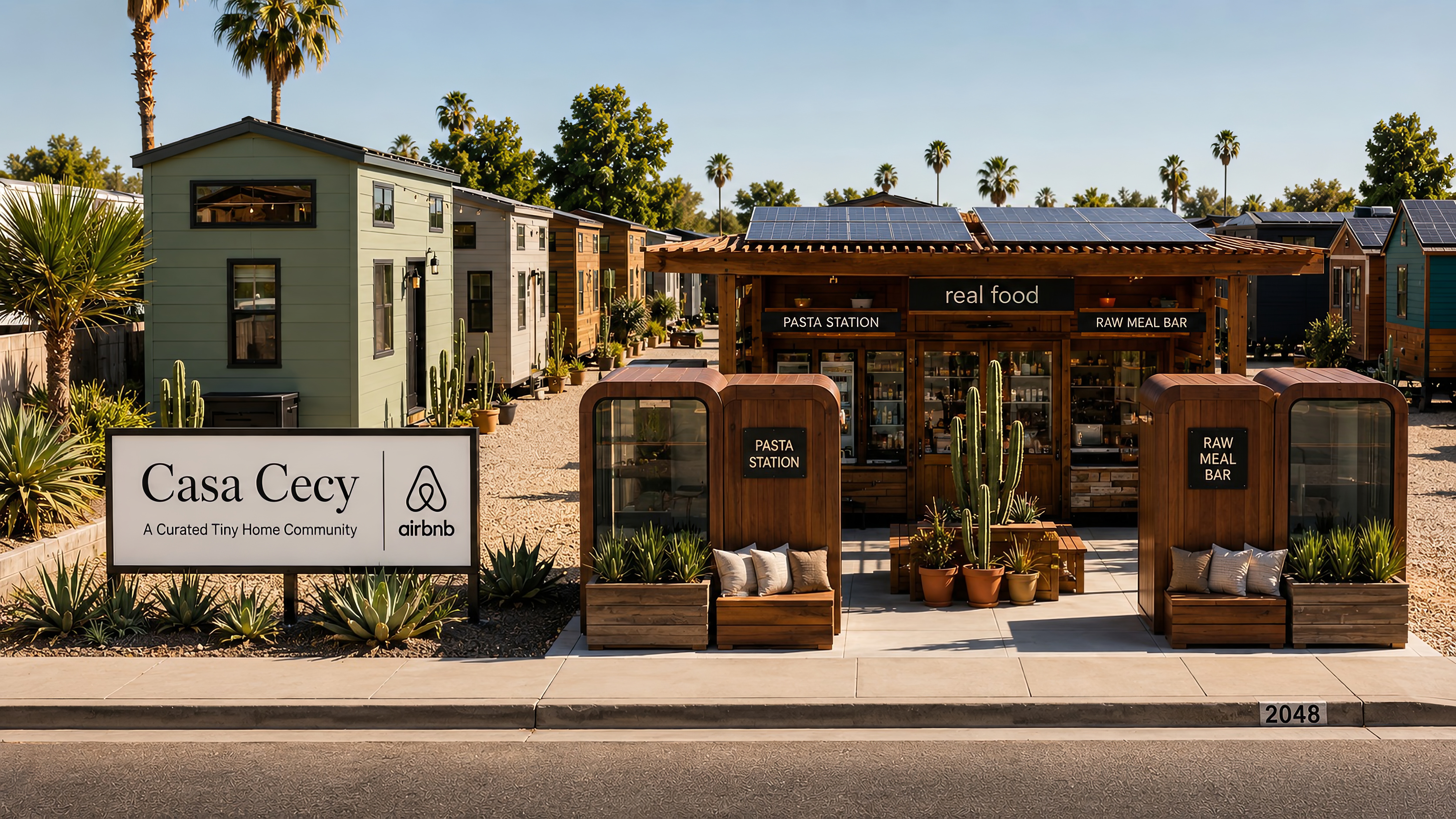 A cozy, modern tiny home situated in a peaceful desert setting during daytime
